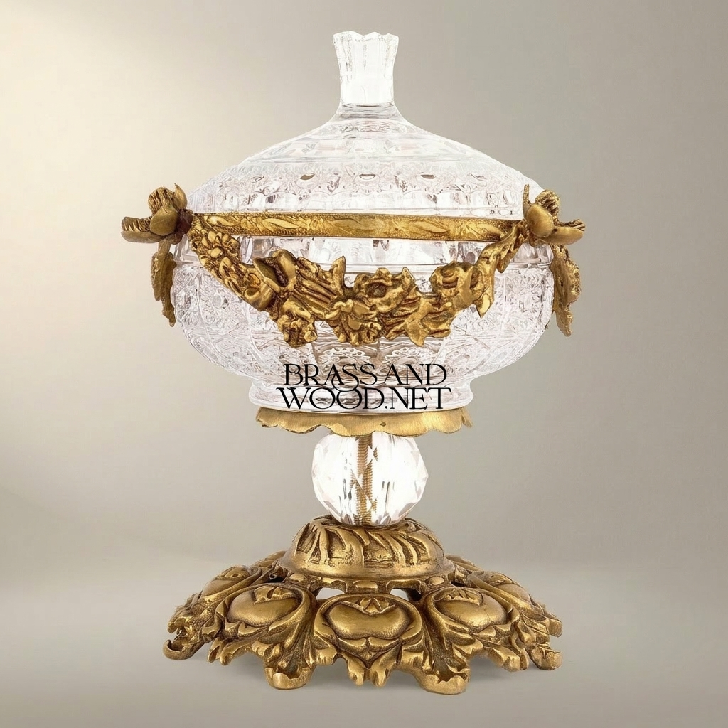 Baroque Crystal & Brass Lidded Candy Bowl - Floral Garland Pedestal — Antique Gold