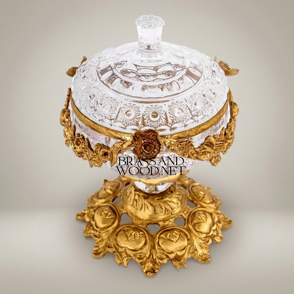 Baroque Crystal & Brass Lidded Candy Bowl - Floral Garland Pedestal