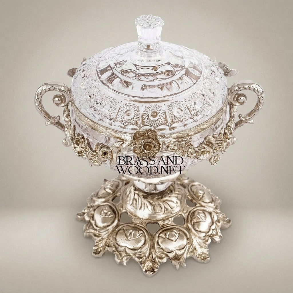 Baroque Crystal & Brass Lidded Candy Bowl - Floral Garland Pedestal — Silver