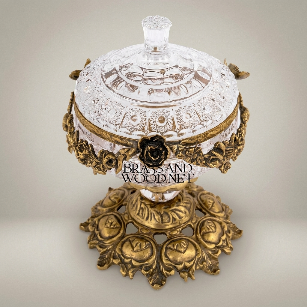 Baroque Crystal & Brass Lidded Candy Bowl - Floral Garland Pedestal — Antique Gold