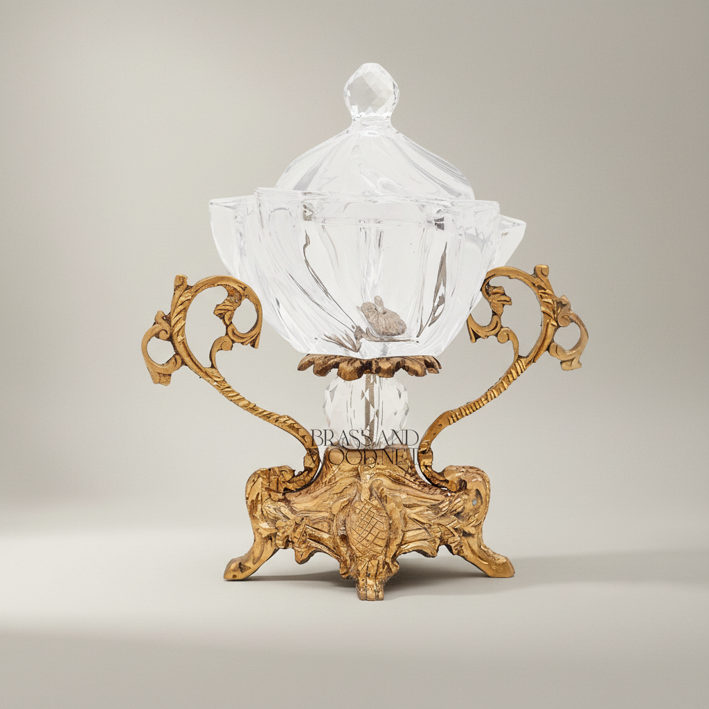 Baroque Crystal & Brass Lidded Candy Bowl - Ornate Scrollwork Pedestal