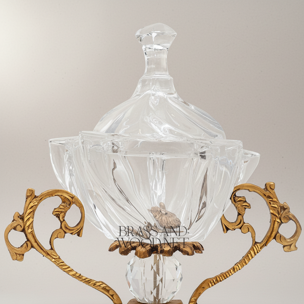 Baroque Crystal & Brass Lidded Candy Bowl - Ornate Scrollwork Pedestal