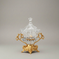 Baroque Crystal & Brass Lidded Candy Bowl - Ornate Scrollwork Pedestal — Gold
