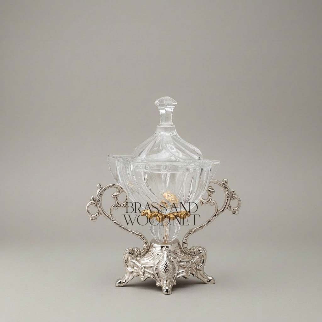 Baroque Crystal & Brass Lidded Candy Bowl - Ornate Scrollwork Pedestal — Silver
