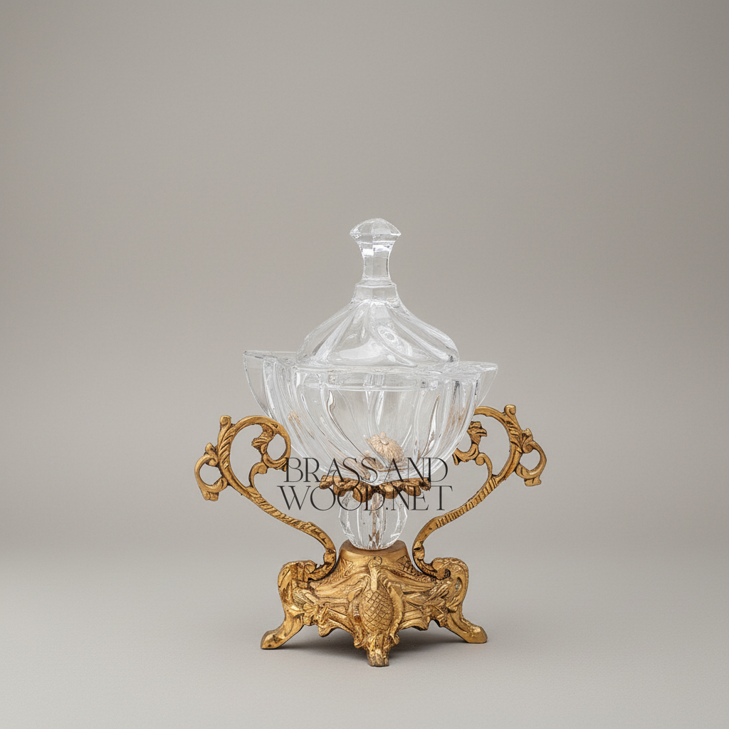 Baroque Crystal & Brass Lidded Candy Bowl - Ornate Scrollwork Pedestal — Antique Gold
