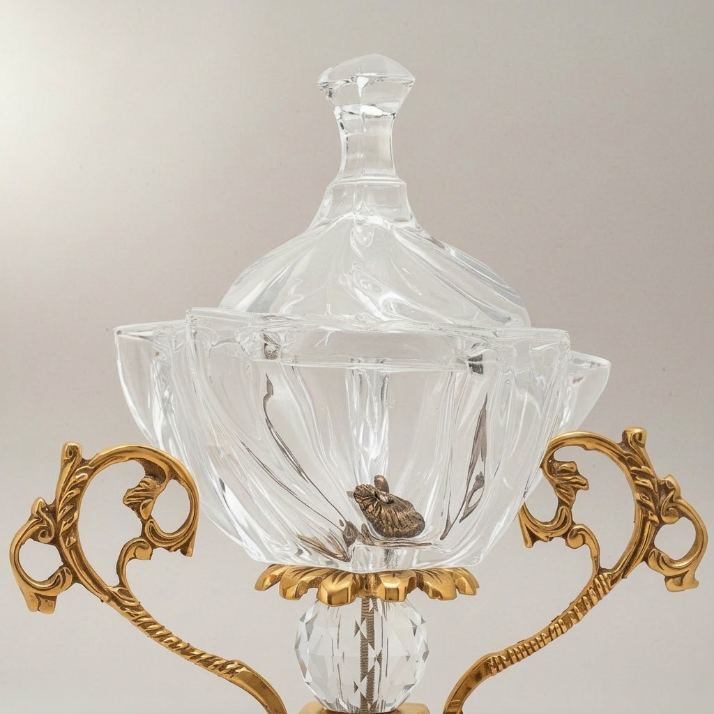 Baroque Crystal & Brass Lidded Candy Bowl - Ornate Scrollwork Pedestal — Gold