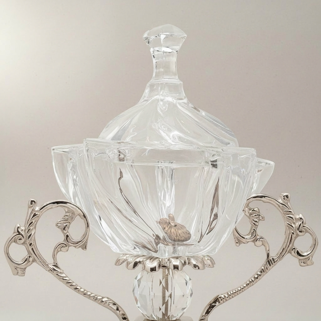 Baroque Crystal & Brass Lidded Candy Bowl - Ornate Scrollwork Pedestal — Silver