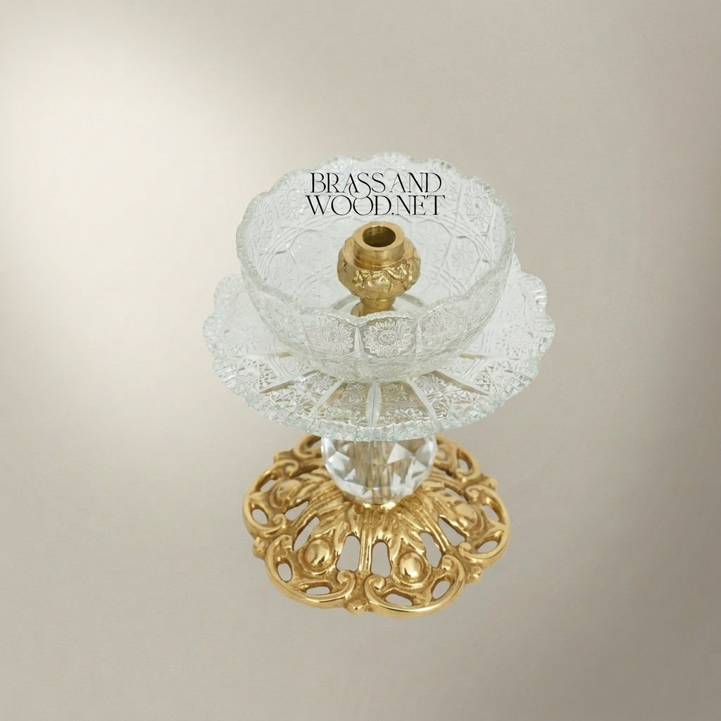 Baroque Crystal & Brass Pedestal Ashtray with Ornate Pierced Base