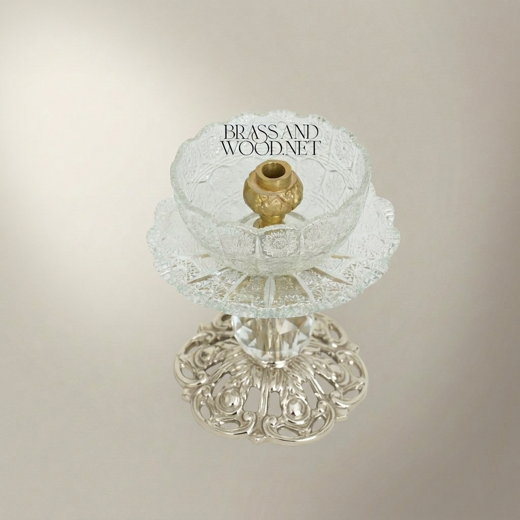 Baroque Crystal & Brass Pedestal Ashtray with Ornate Pierced Base — Silver