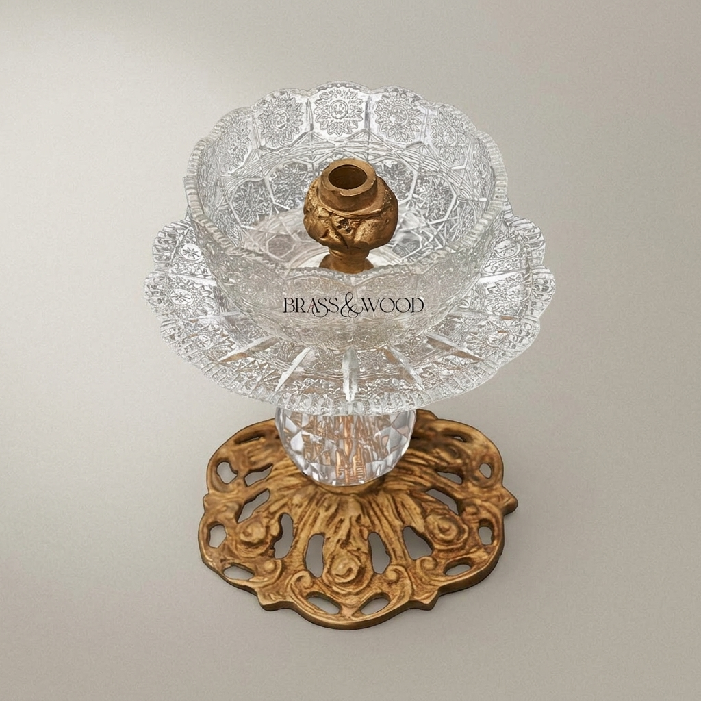 Baroque Crystal & Brass Pedestal Ashtray with Ornate Pierced Base — Antique Gold