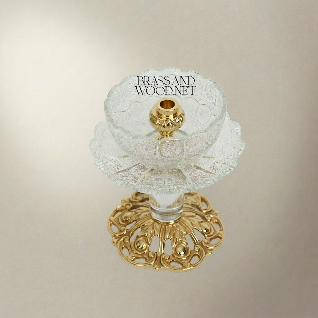 Baroque Crystal & Brass Pedestal Ashtray with Ornate Pierced Base — Gold