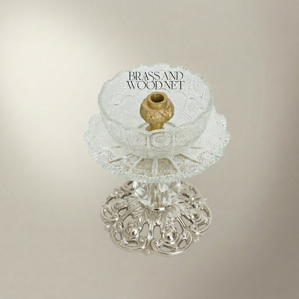 Baroque Crystal & Brass Pedestal Ashtray with Ornate Pierced Base — Silver