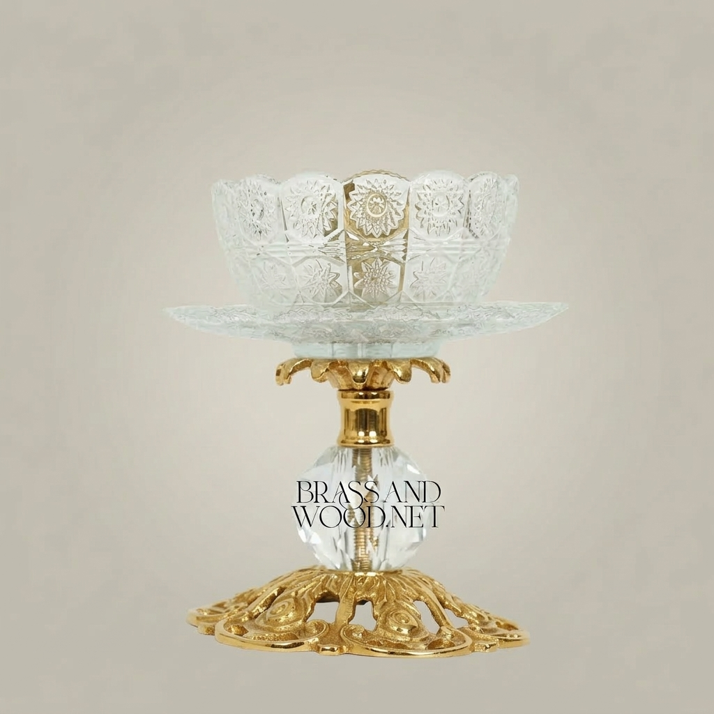 Baroque Crystal & Brass Pedestal Ashtray with Ornate Pierced Base — Gold