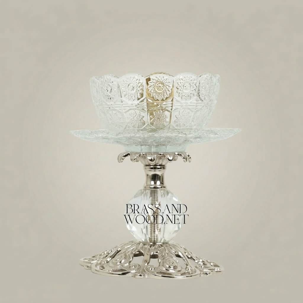 Baroque Crystal & Brass Pedestal Ashtray with Ornate Pierced Base — Silver