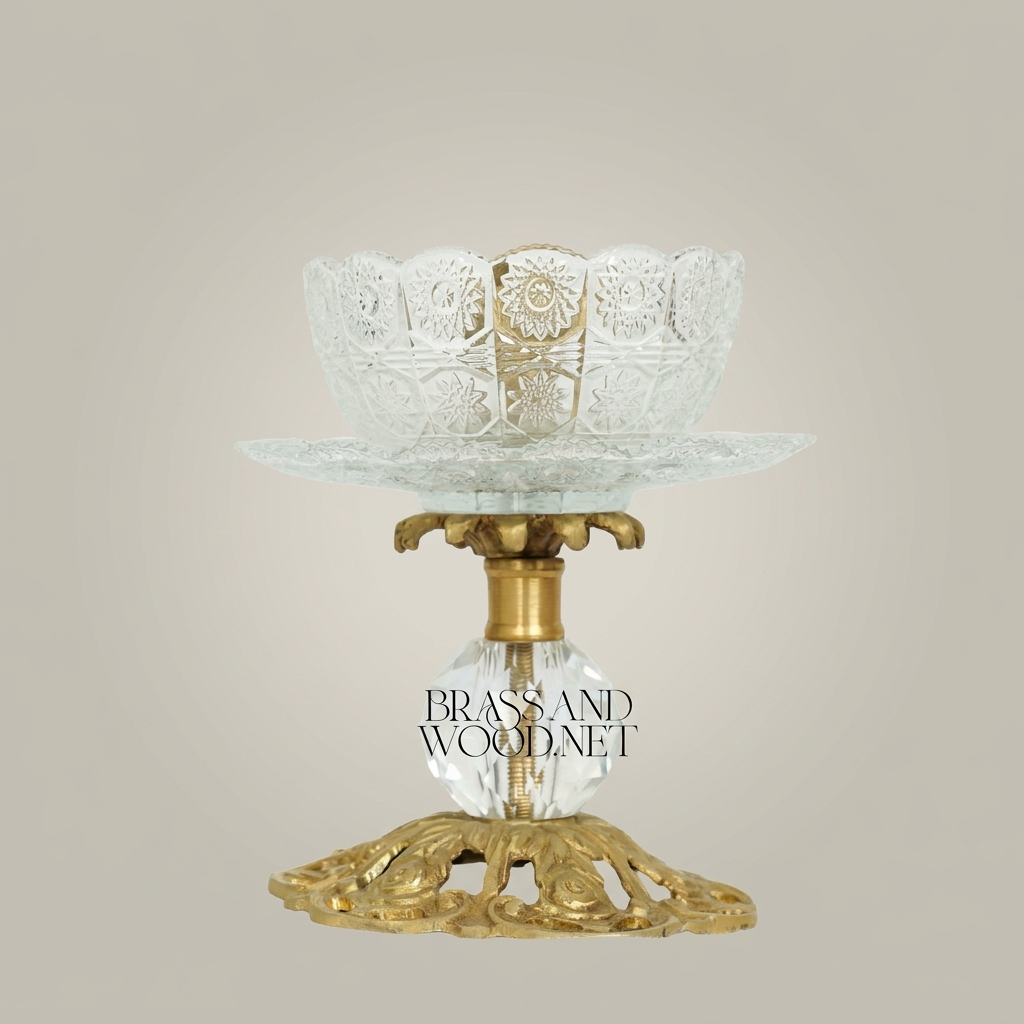 Baroque Crystal & Brass Pedestal Ashtray with Ornate Pierced Base — Antique Gold