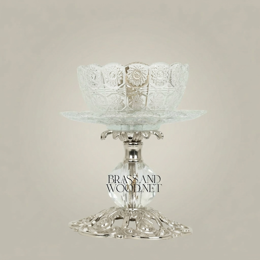 Baroque Crystal & Brass Pedestal Ashtray with Ornate Pierced Base — Silver