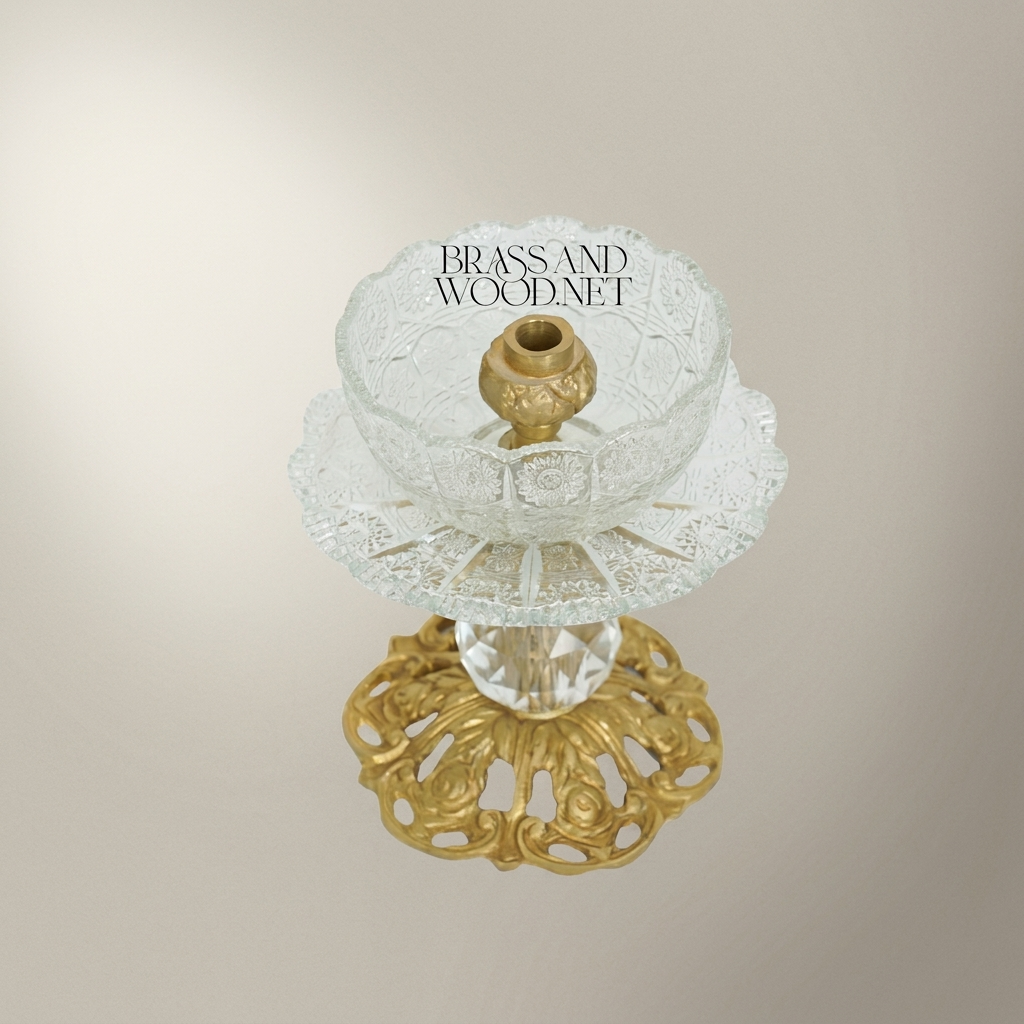 Baroque Crystal & Brass Pedestal Ashtray with Ornate Pierced Base — Antique Gold