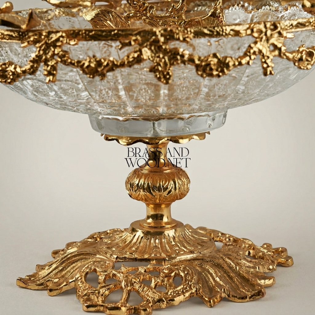 Baroque Crystal & Brass Pedestal Candy Dish - Floral Garland & Ring Handle