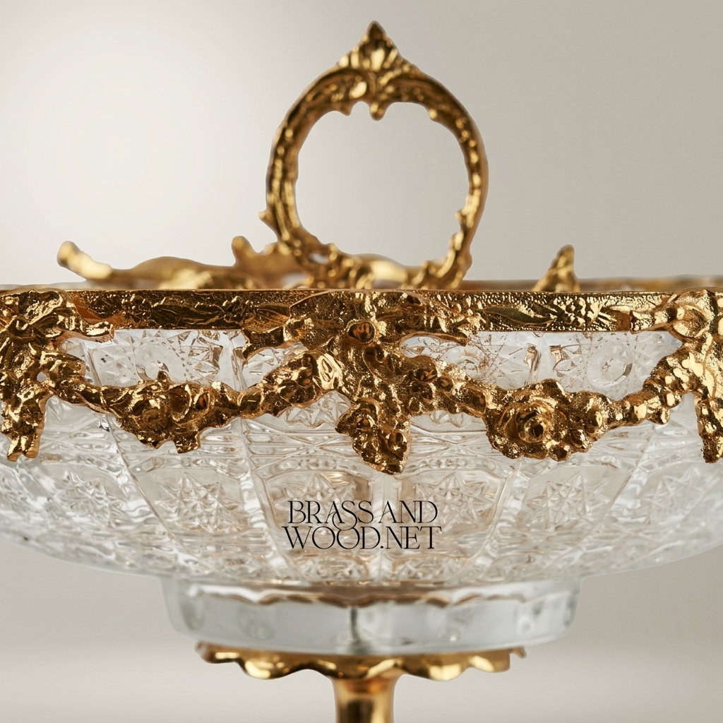 Baroque Crystal & Brass Pedestal Candy Dish - Floral Garland & Ring Handle