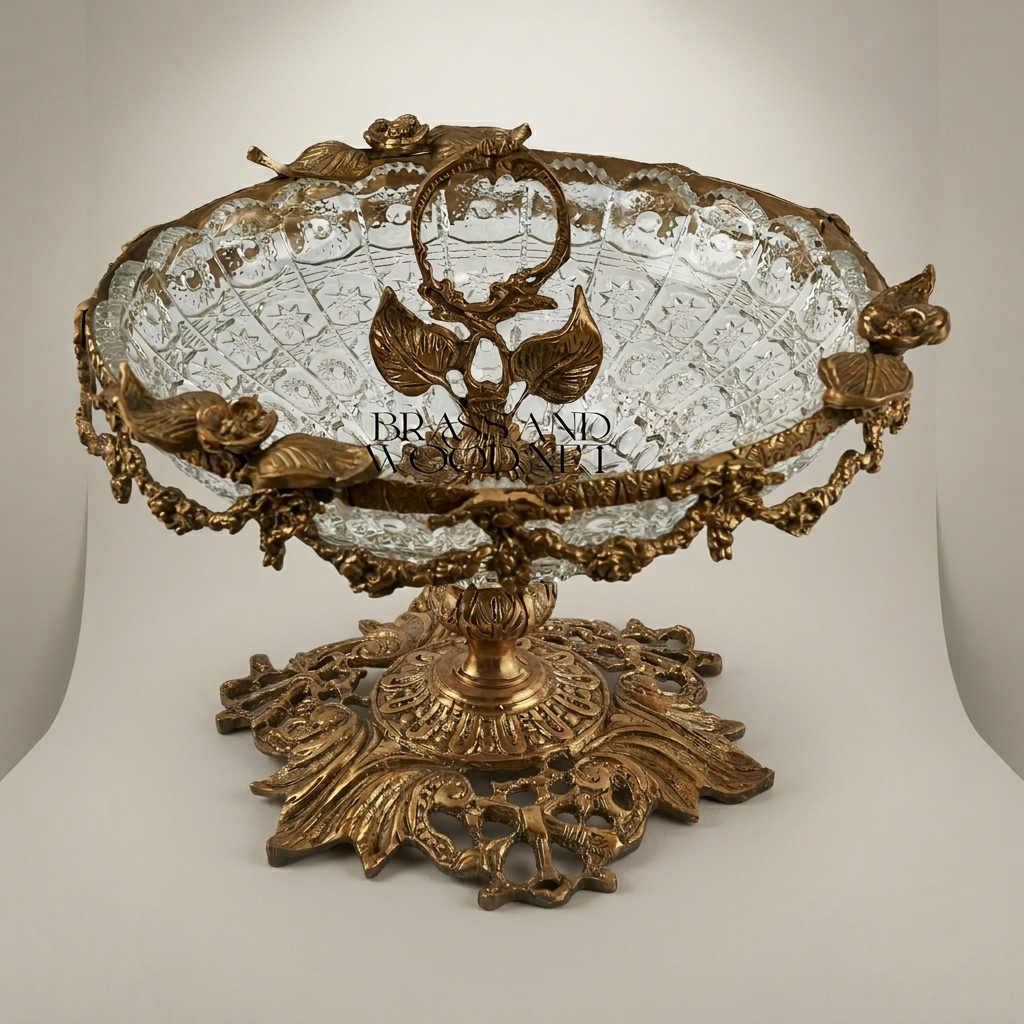 Baroque Crystal & Brass Pedestal Candy Dish - Floral Garland & Ring Handle — Antique Gold