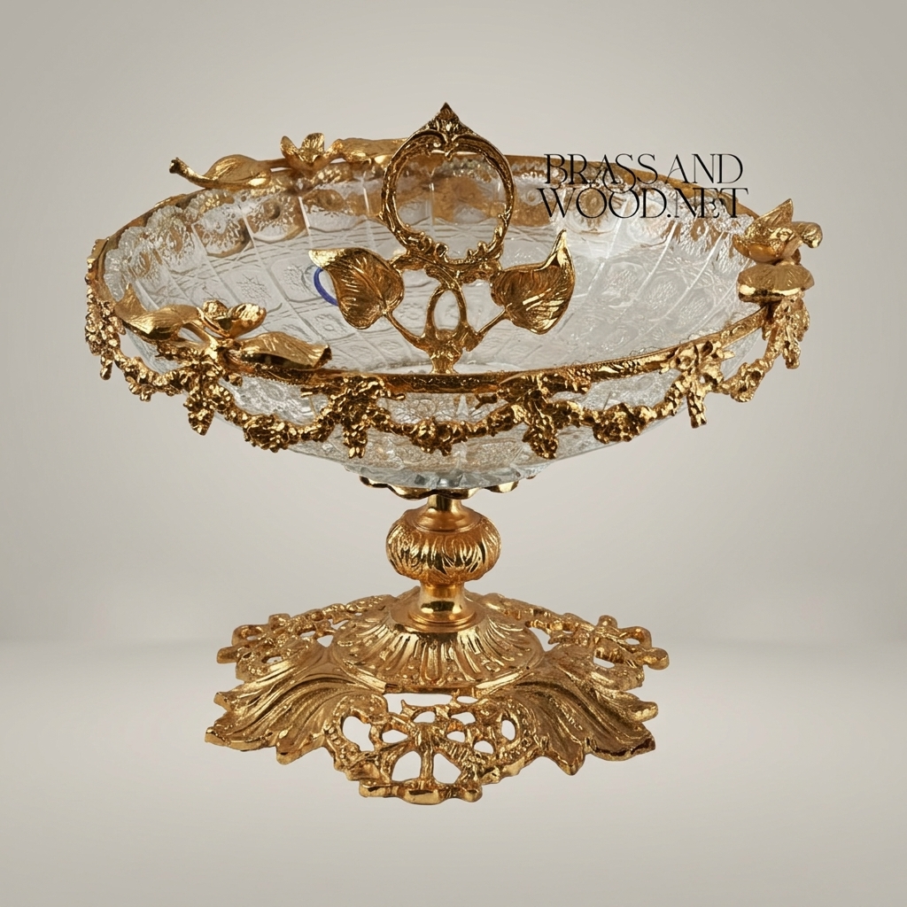 Baroque Crystal & Brass Pedestal Candy Dish - Floral Garland & Ring Handle