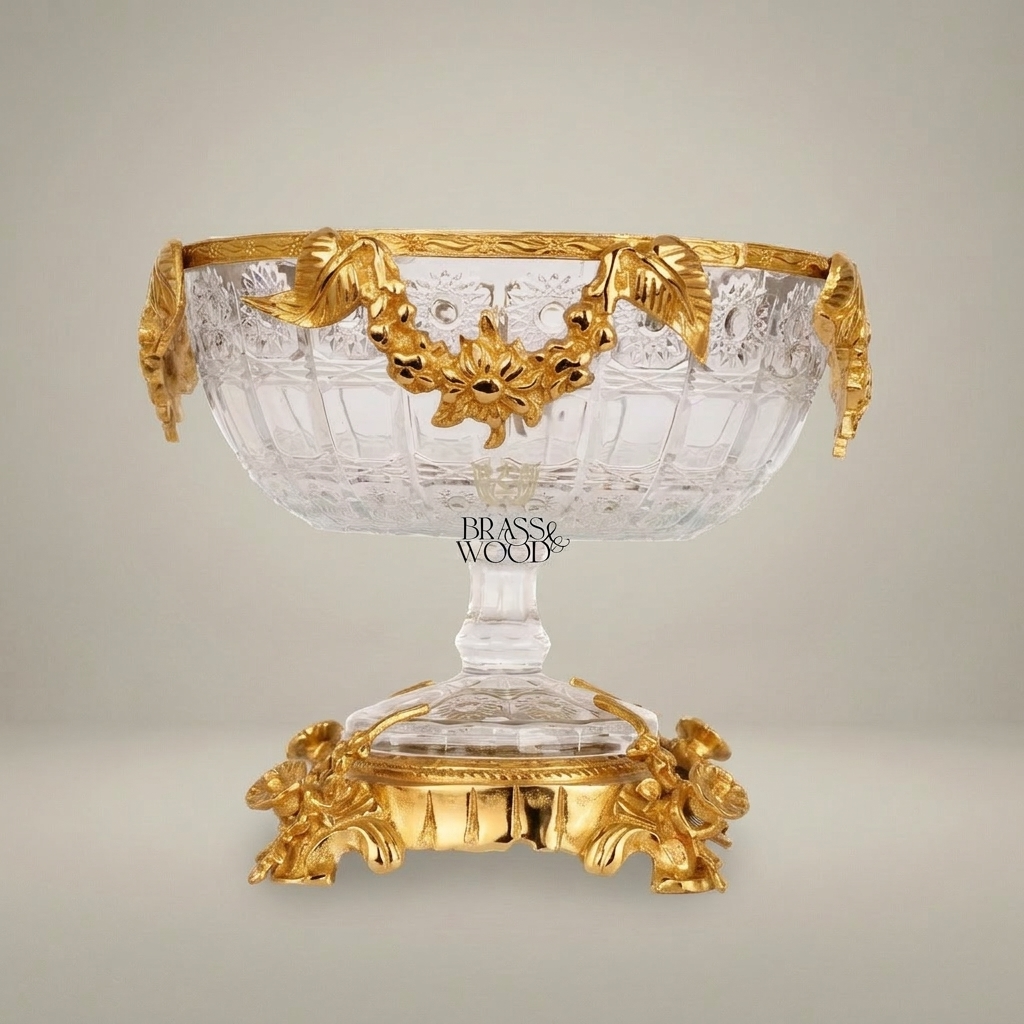 Baroque Crystal & Brass Pedestal Candy Dish - Floral Sculpted Rim