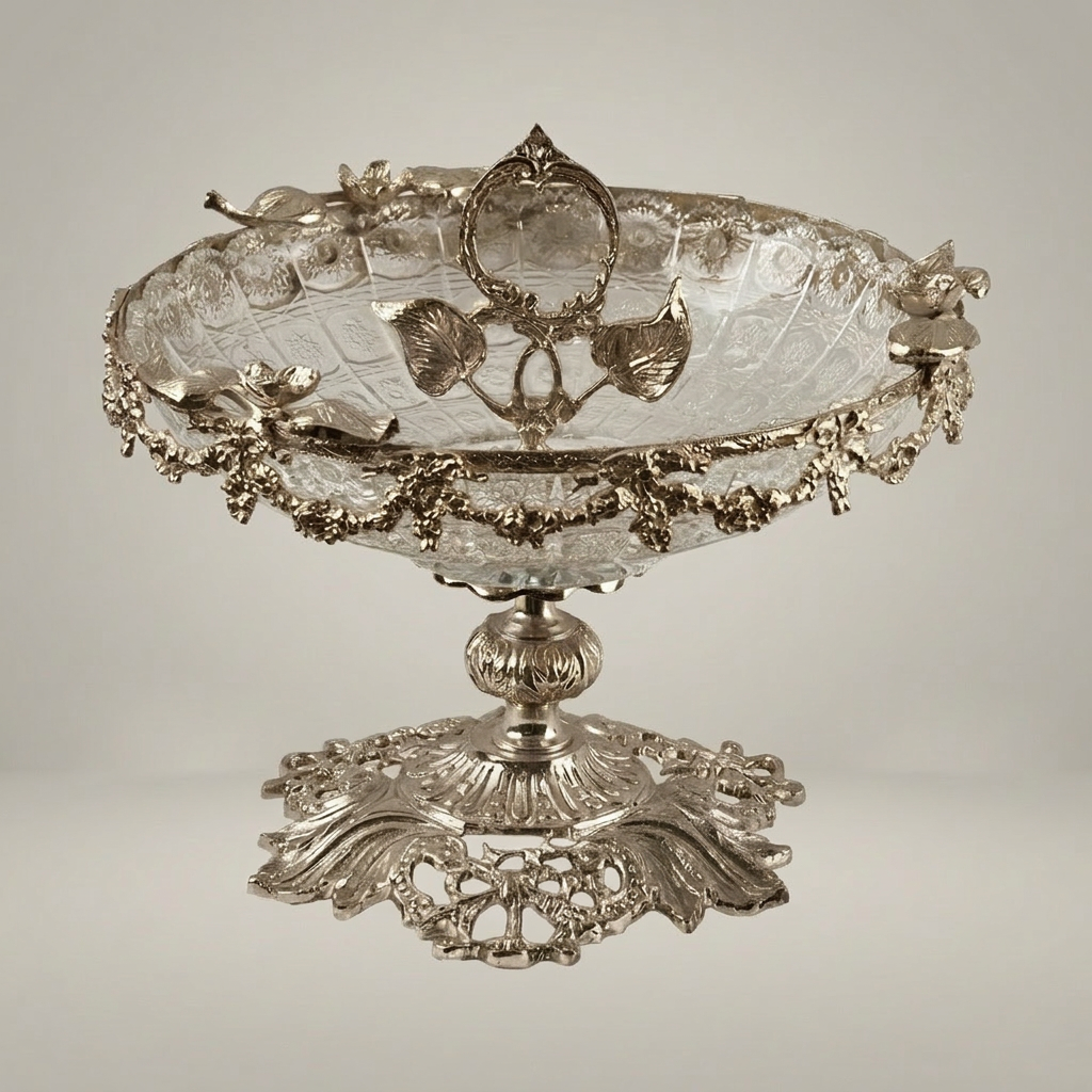 Baroque Crystal & Brass Pedestal Candy Dish - Floral Garland & Ring Handle — Silver
