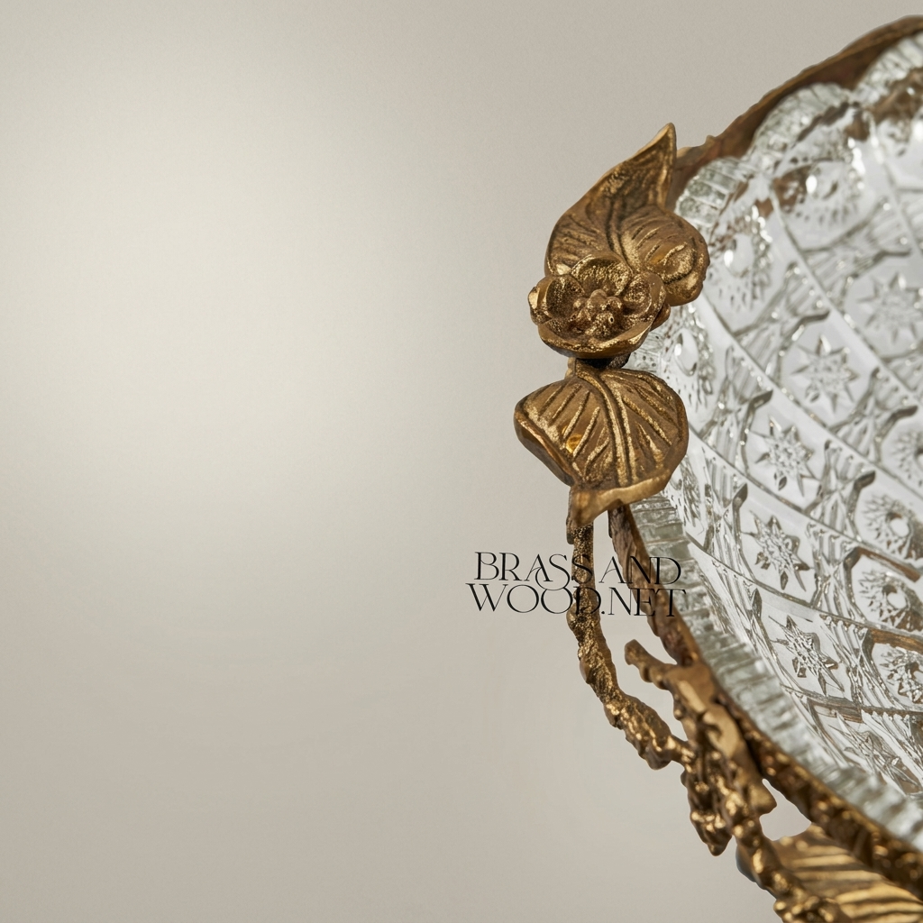 Baroque Crystal & Brass Pedestal Candy Dish - Floral Garland & Ring Handle — Antique Gold