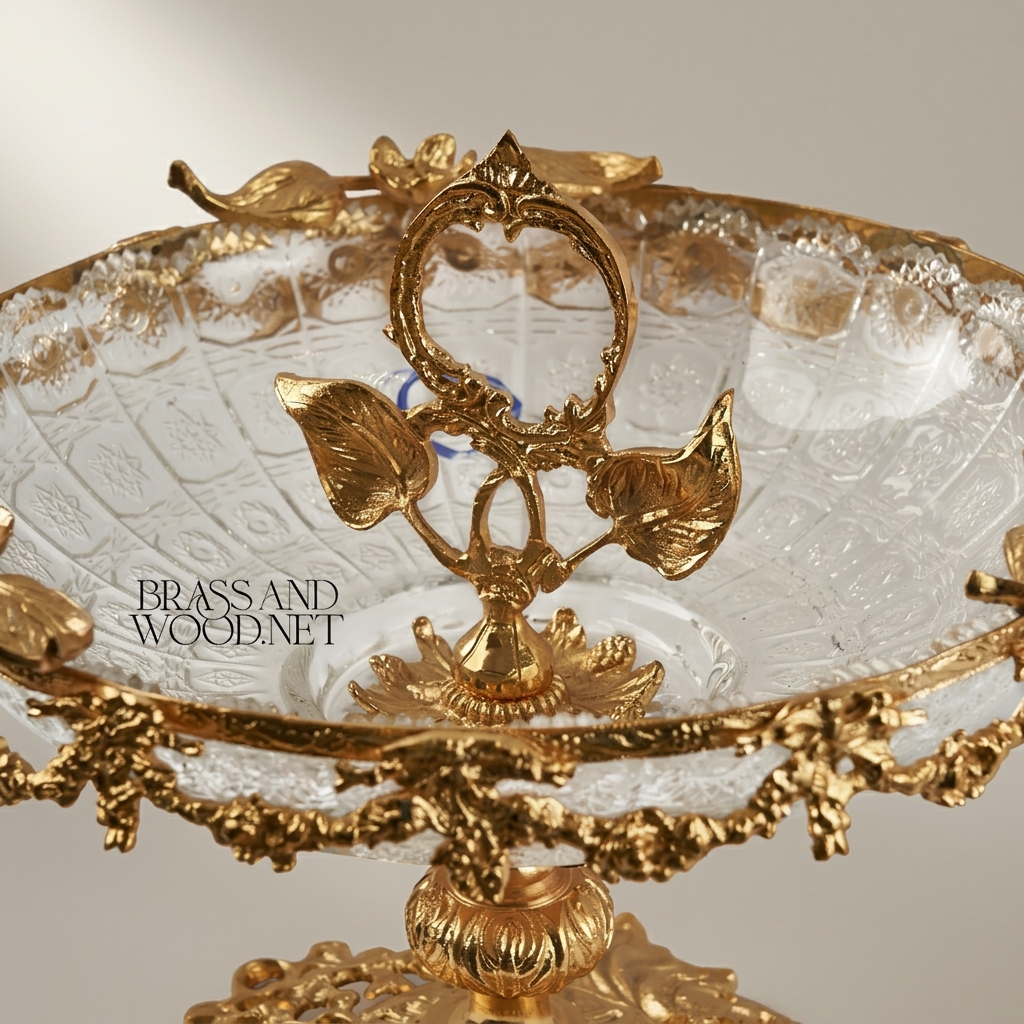Baroque Crystal & Brass Pedestal Candy Dish - Floral Garland & Ring Handle — Gold