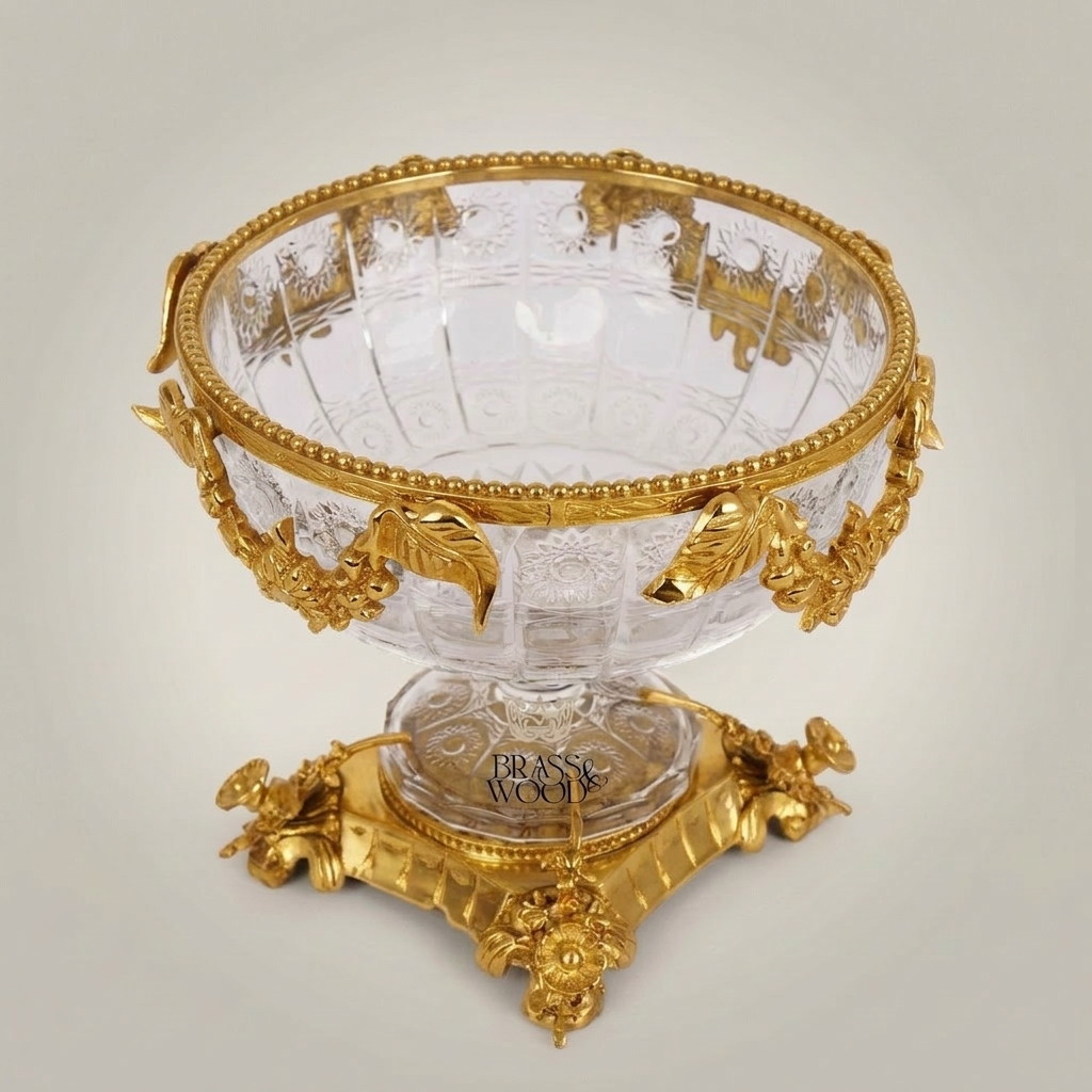 Baroque Crystal & Brass Pedestal Candy Dish - Floral Sculpted Rim
