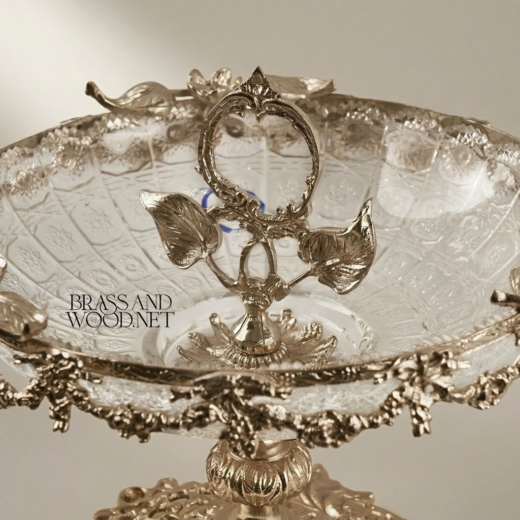 Baroque Crystal & Brass Pedestal Candy Dish - Floral Garland & Ring Handle — Silver