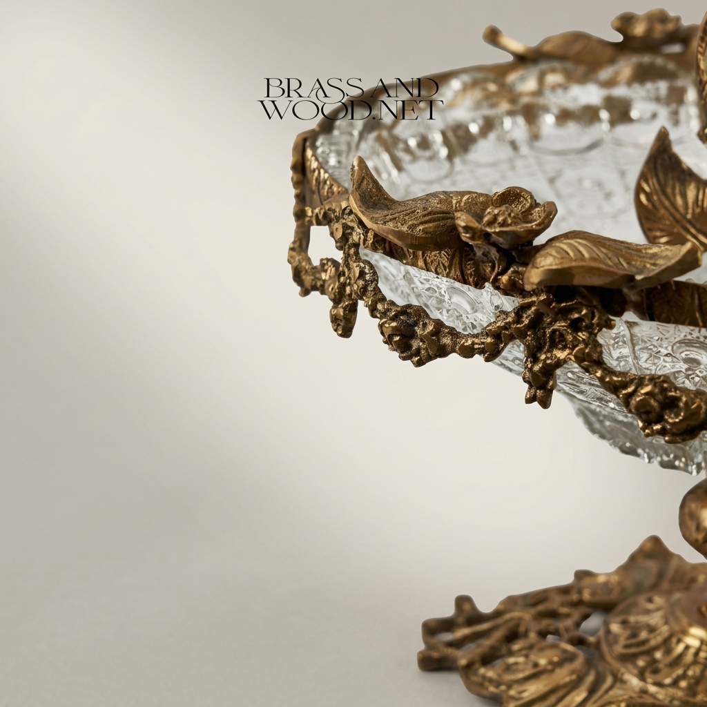 Baroque Crystal & Brass Pedestal Candy Dish - Floral Garland & Ring Handle — Antique Gold