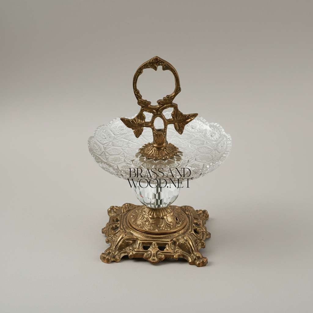Baroque Crystal & Brass Single-Tier Candy Dish with Ornate Leaf Handle