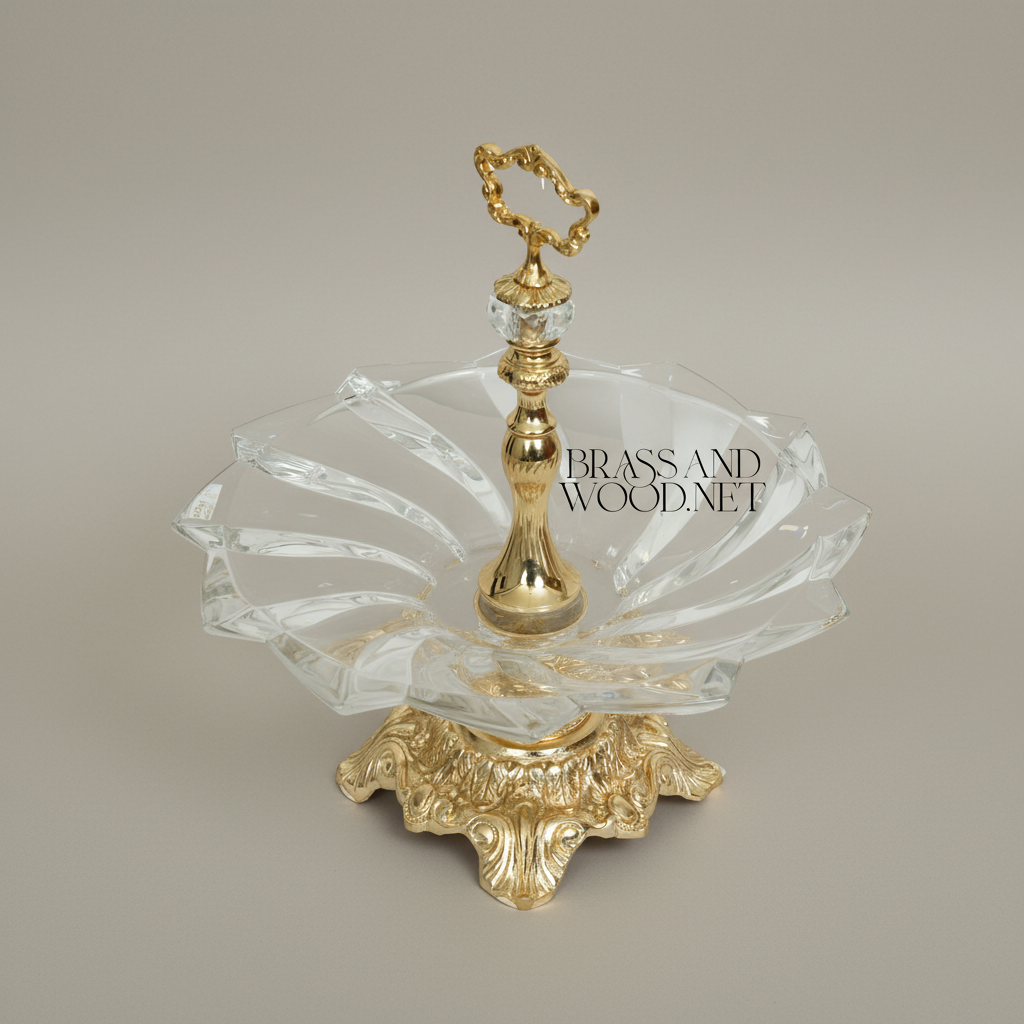 Baroque Crystal & Brass Single-Tier Candy Dish with Ornate Pedestal Base — Gold