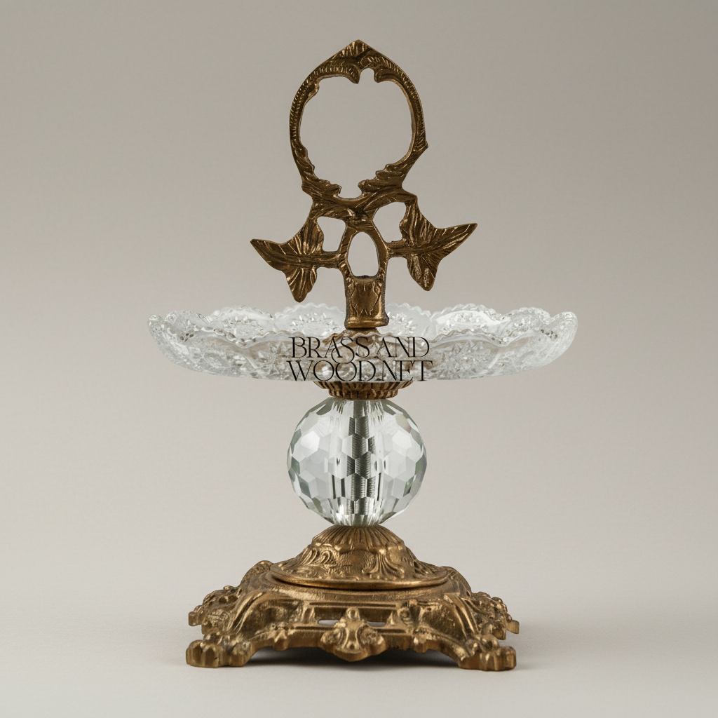 Baroque Crystal & Brass Single-Tier Candy Dish with Ornate Leaf Handle