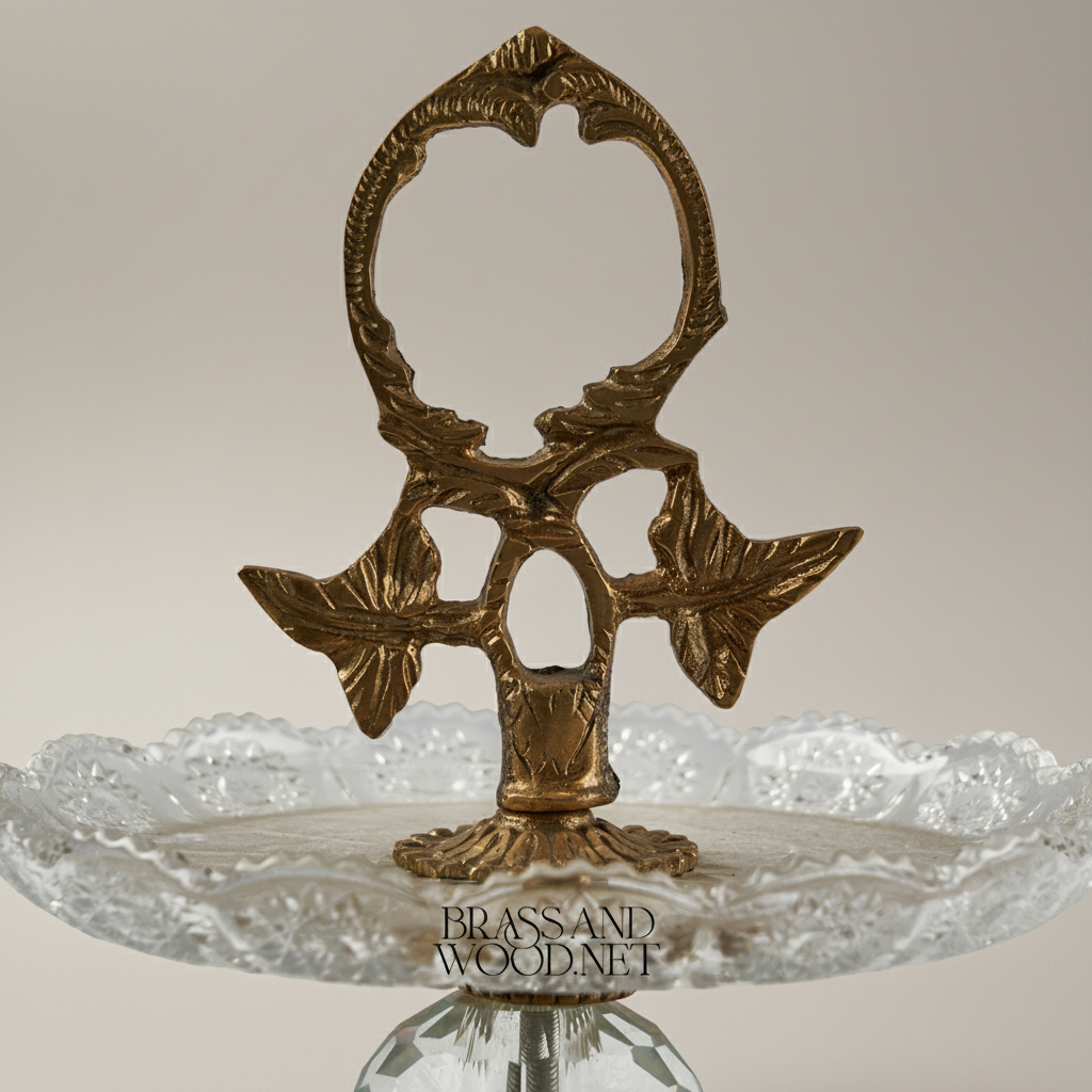 Baroque Crystal & Brass Single-Tier Candy Dish with Ornate Leaf Handle — Antique Gold