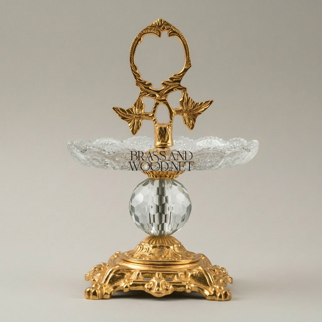 Baroque Crystal & Brass Single-Tier Candy Dish with Ornate Leaf Handle — Gold