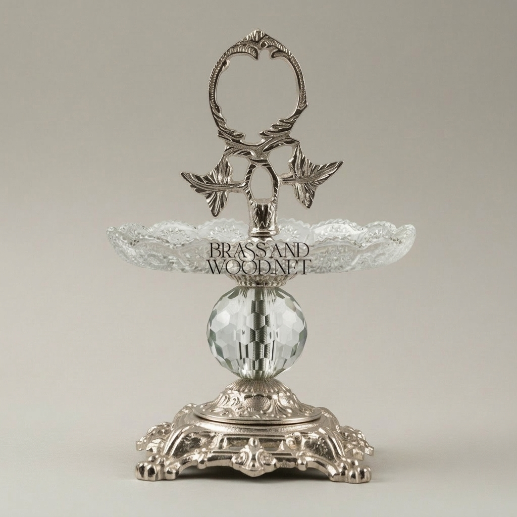 Baroque Crystal & Brass Single-Tier Candy Dish with Ornate Leaf Handle — Silver
