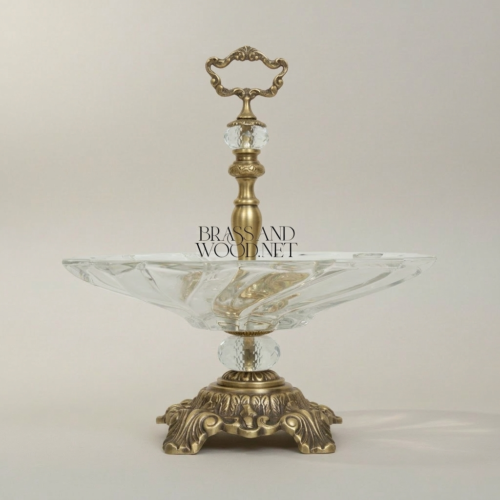 Baroque Crystal & Brass Single-Tier Candy Dish with Ornate Pedestal Base