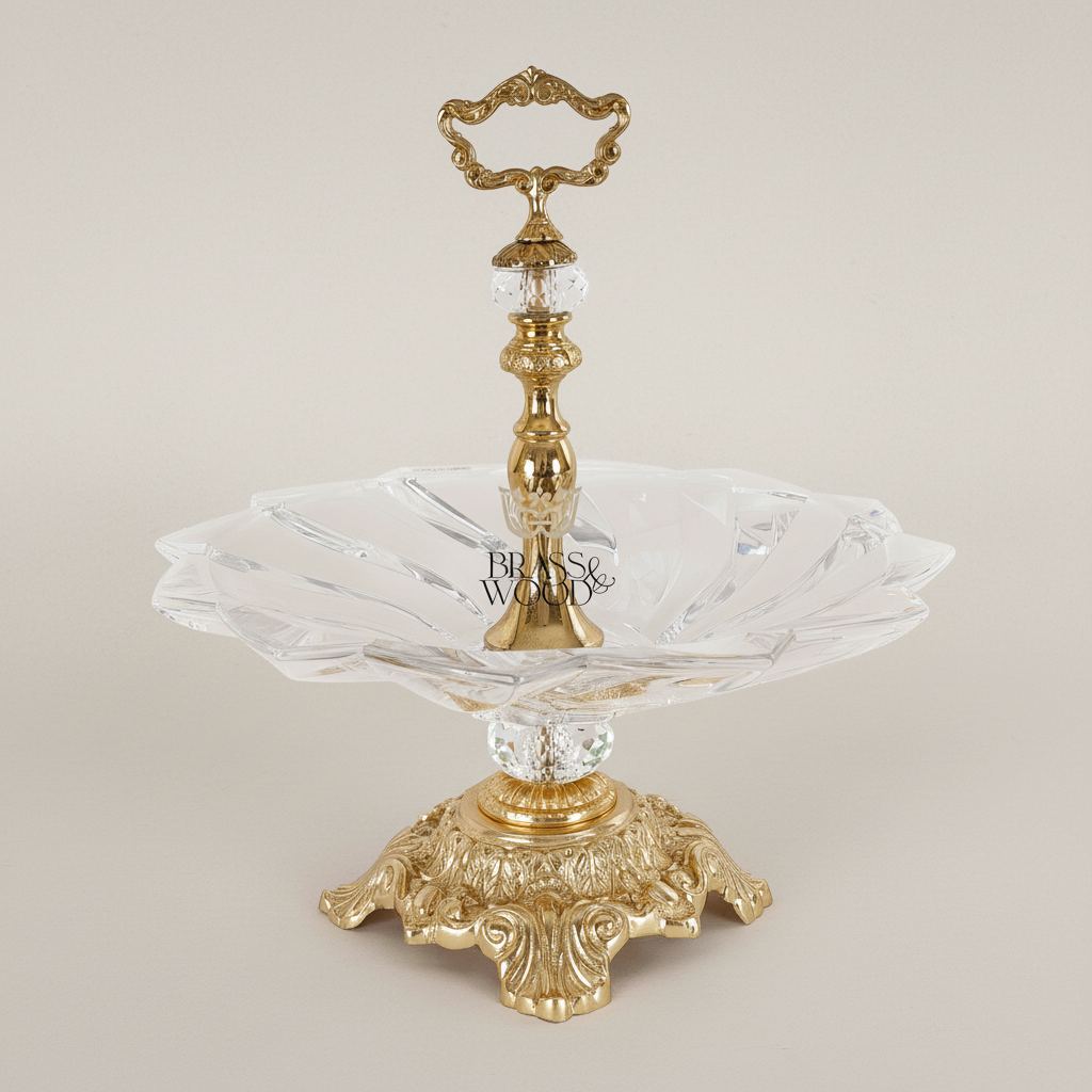 Baroque Crystal & Brass Single-Tier Candy Dish with Ornate Pedestal Base — Gold