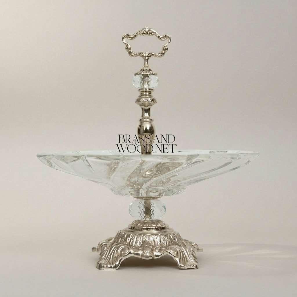 Baroque Crystal & Brass Single-Tier Candy Dish with Ornate Pedestal Base — Silver