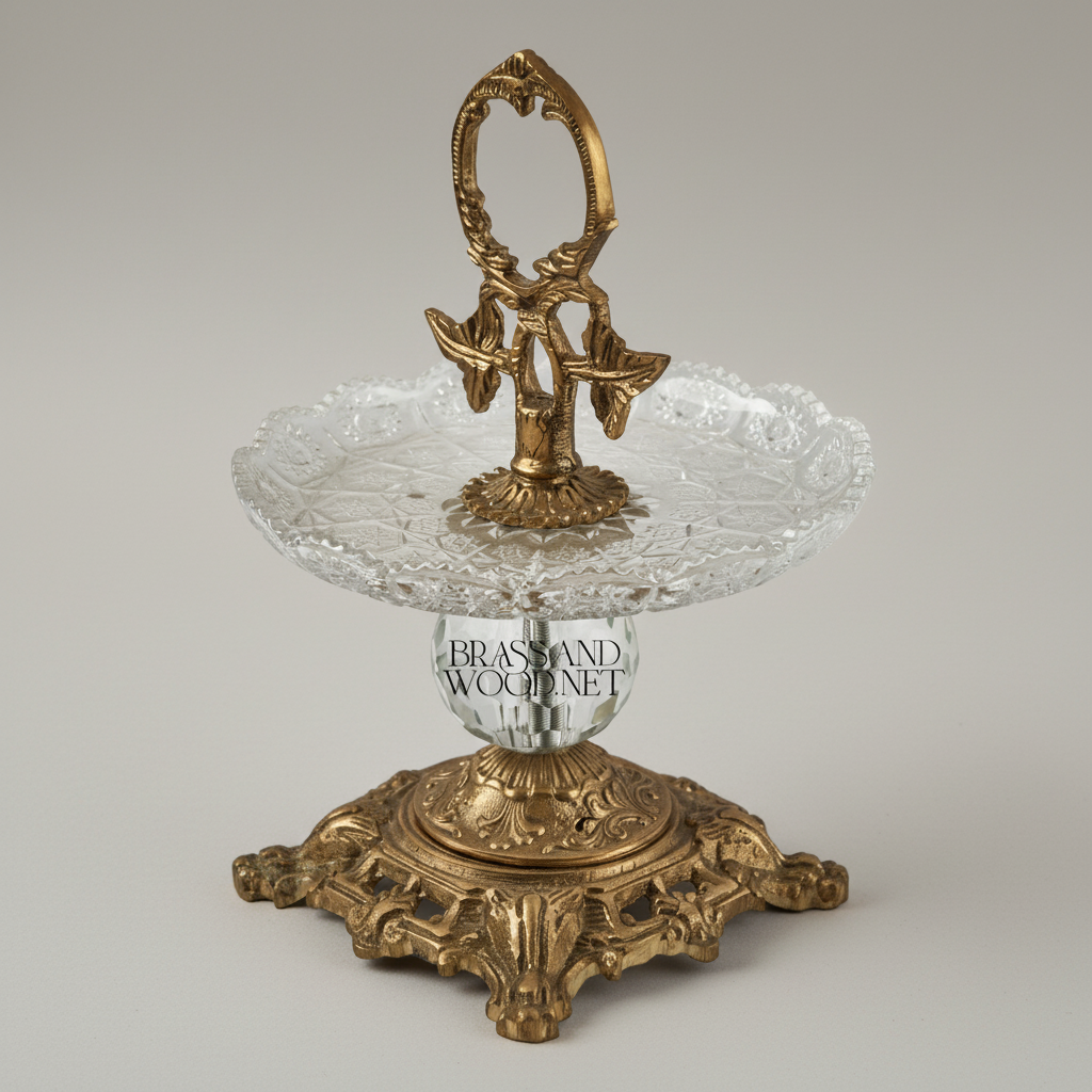 Baroque Crystal & Brass Single-Tier Candy Dish with Ornate Leaf Handle — Antique Gold