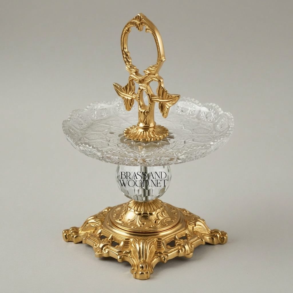 Baroque Crystal & Brass Single-Tier Candy Dish with Ornate Leaf Handle — Gold