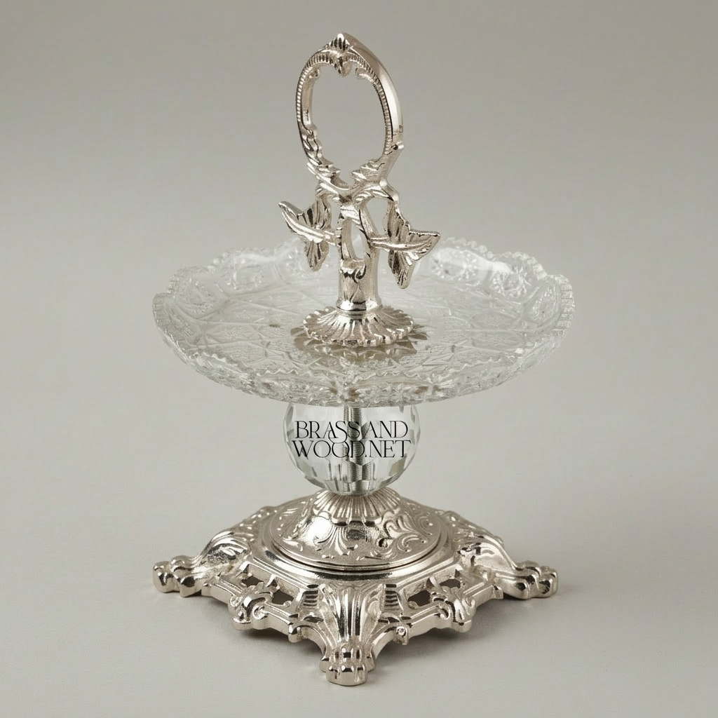 Baroque Crystal & Brass Single-Tier Candy Dish with Ornate Leaf Handle — Silver