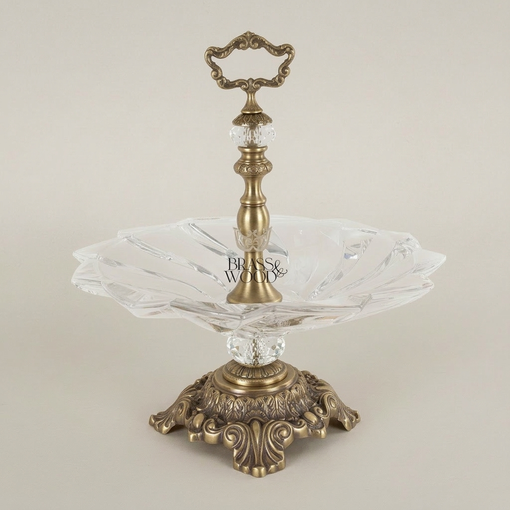 Baroque Crystal & Brass Single-Tier Candy Dish with Ornate Pedestal Base — Antique Gold