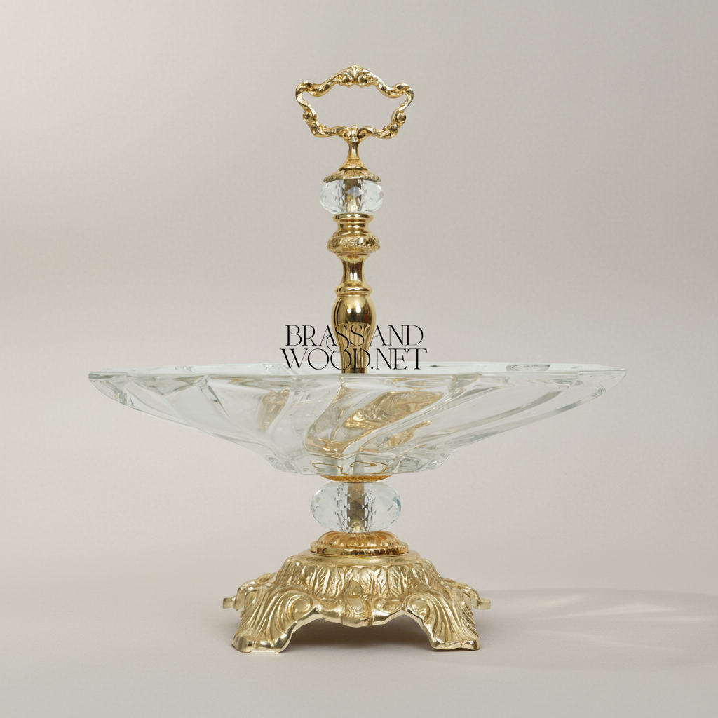 Baroque Crystal & Brass Single-Tier Candy Dish with Ornate Pedestal Base — Gold