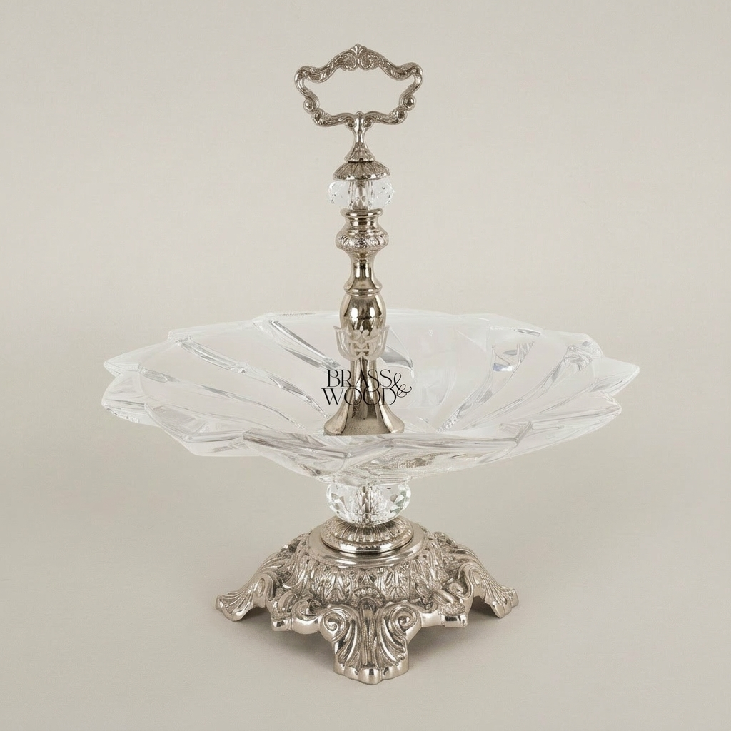 Baroque Crystal & Brass Single-Tier Candy Dish with Ornate Pedestal Base — Silver