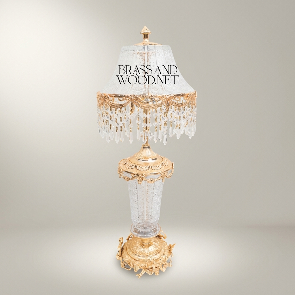 Baroque Crystal & Brass Table Lamp with Crystal Fringe Shade