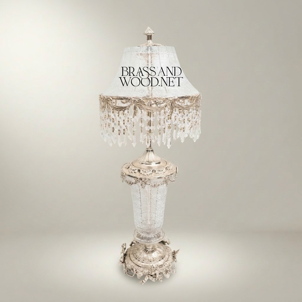 Baroque Crystal & Brass Table Lamp with Crystal Fringe Shade — Silver
