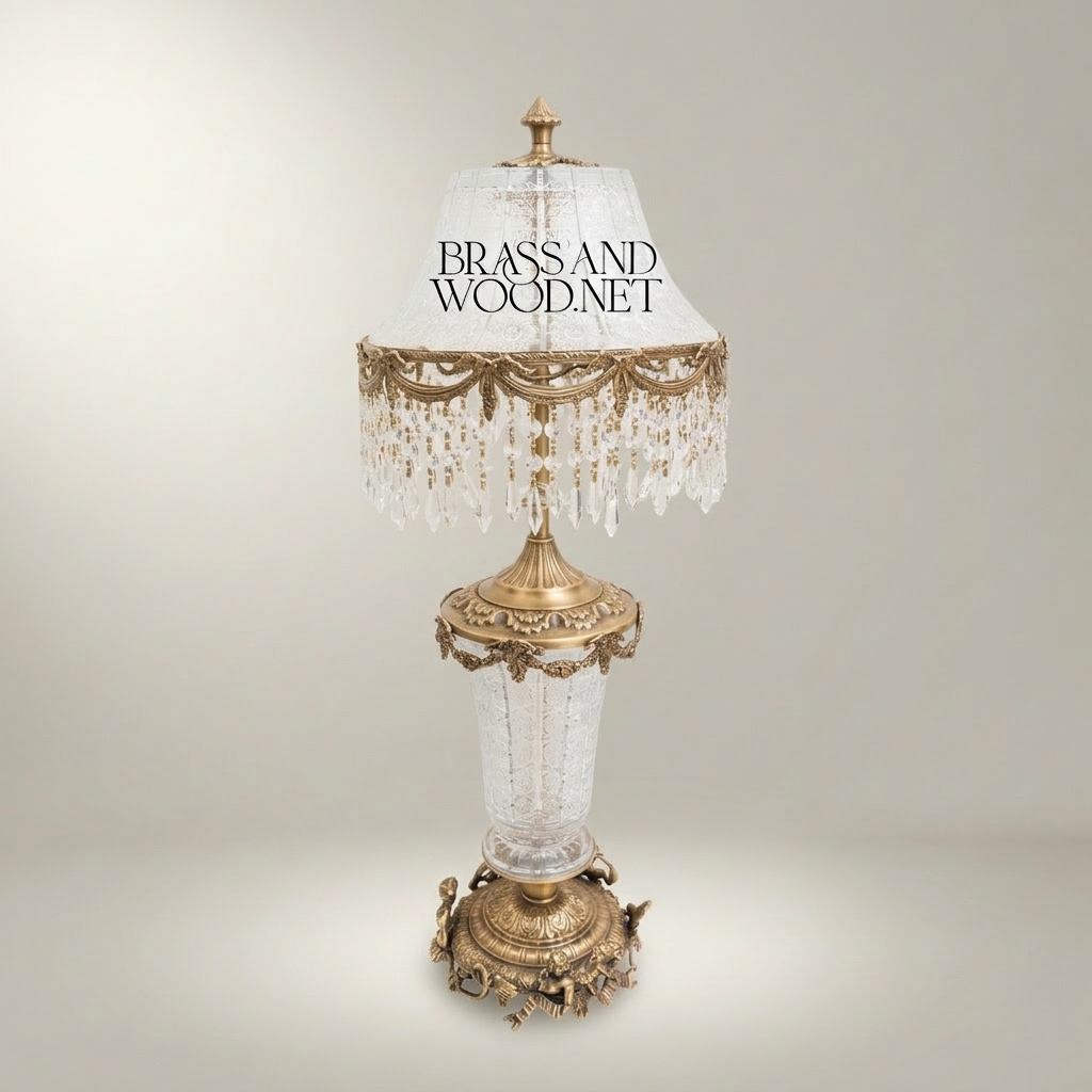 Baroque Crystal & Brass Table Lamp with Crystal Fringe Shade — Antique Gold